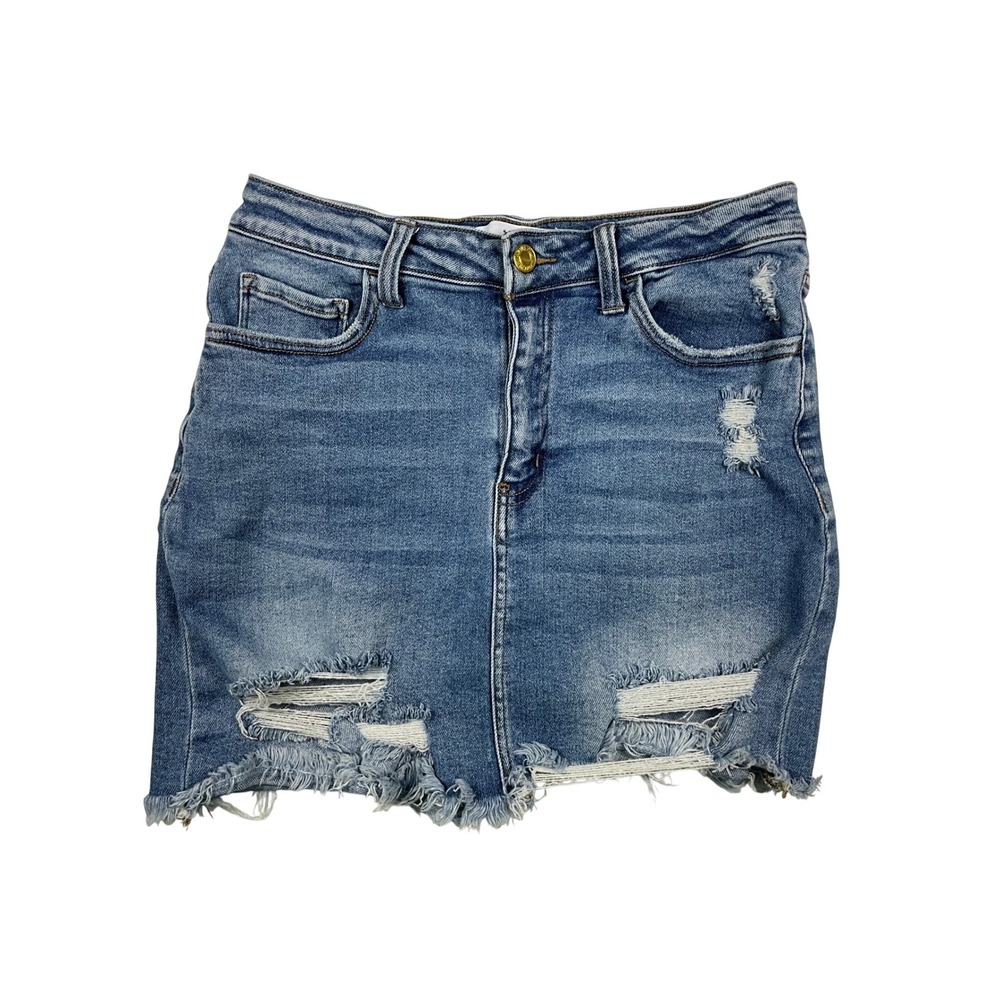 Vervet Distressed Denim‎ Mini Skirt Medium Wash Raw Hem VT950 Size M